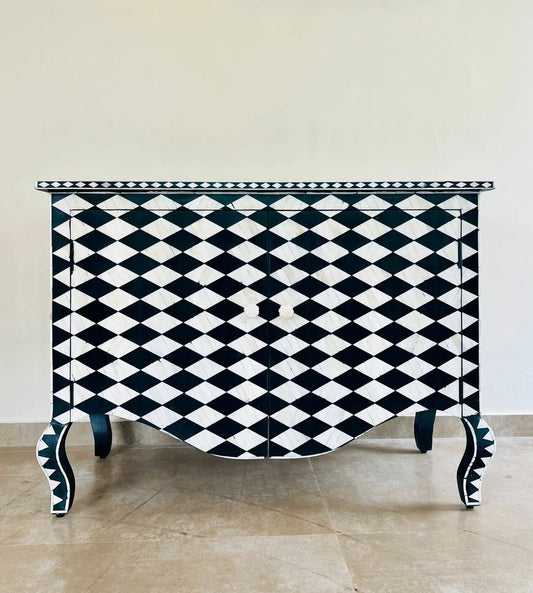 checkered chest of drawers in bone inlay by Ashborn furniture