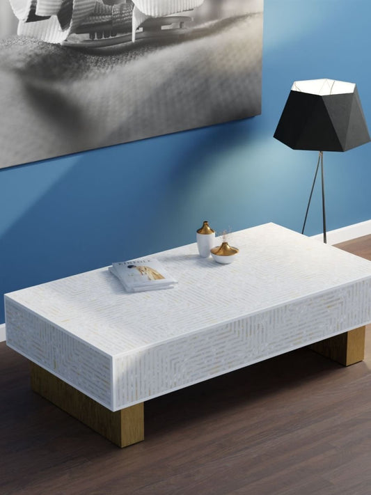 White Harmony striped mother of pearl inlay rectangular coffee table   by Ashborn furniture