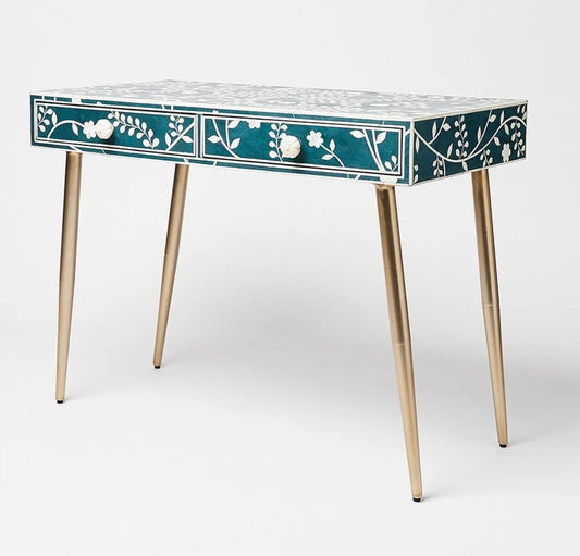 Blue floral bone inlay console table By Ashborn furniture