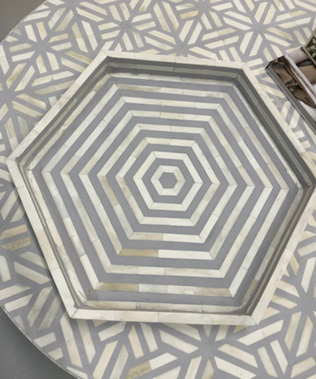 Bone Inlay Hexagon Tray : Grey - Jodha Furniture