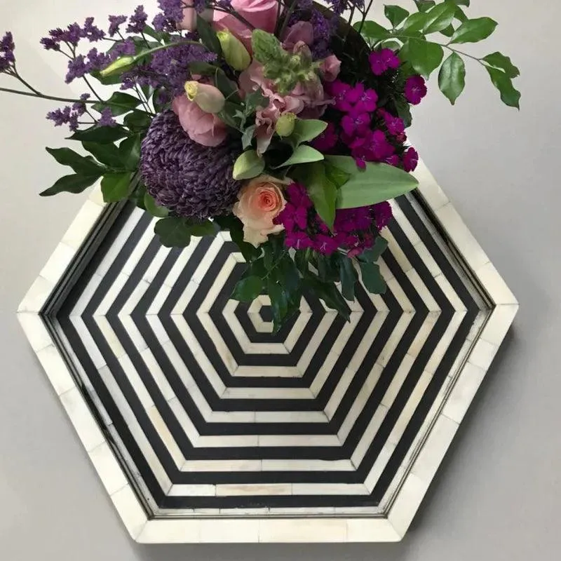 JODHA FURNITURE BONE INLAY HEXAGON TRAY - BLACK
