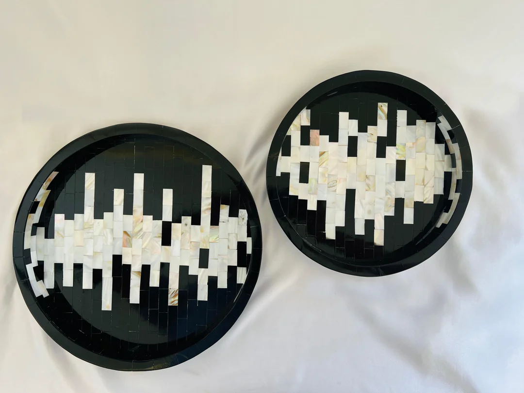 Jodha Furniture Monochrome Patterned Mosaic Tray In Mother Of Pearl