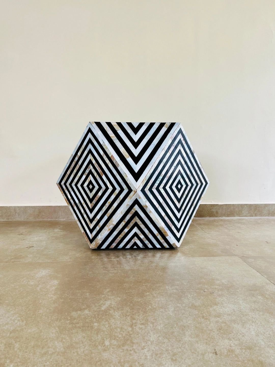 Jodha furniture black diamond-shaped mother of pearl end table       by Ashborn Furniture