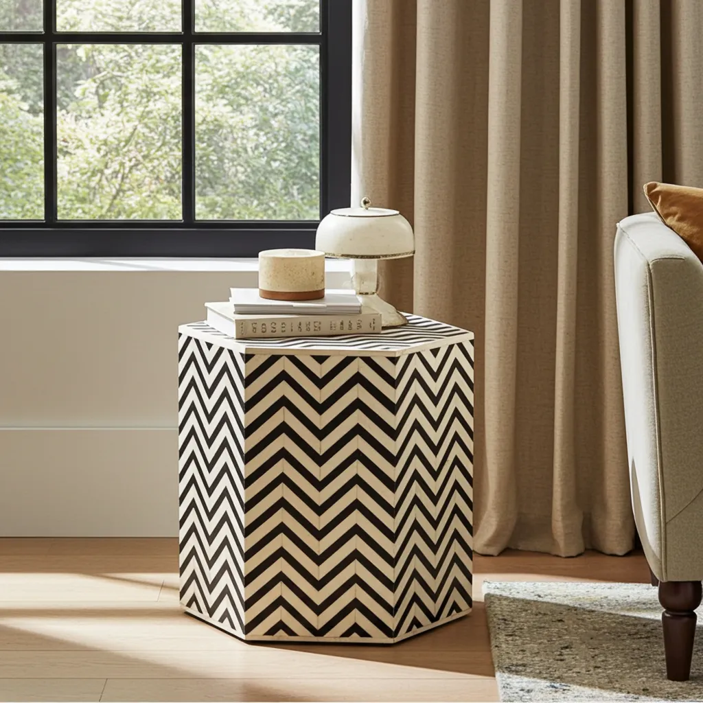 Jodha furniture ziz zag pattern bone inlay side table