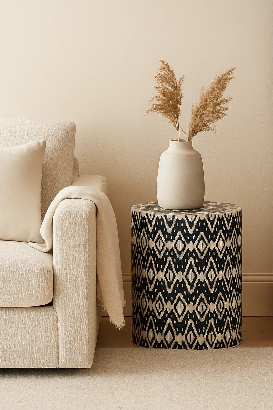 Jodha furniture Ikkat pattern Bone inlay side table by Ashborn furniture