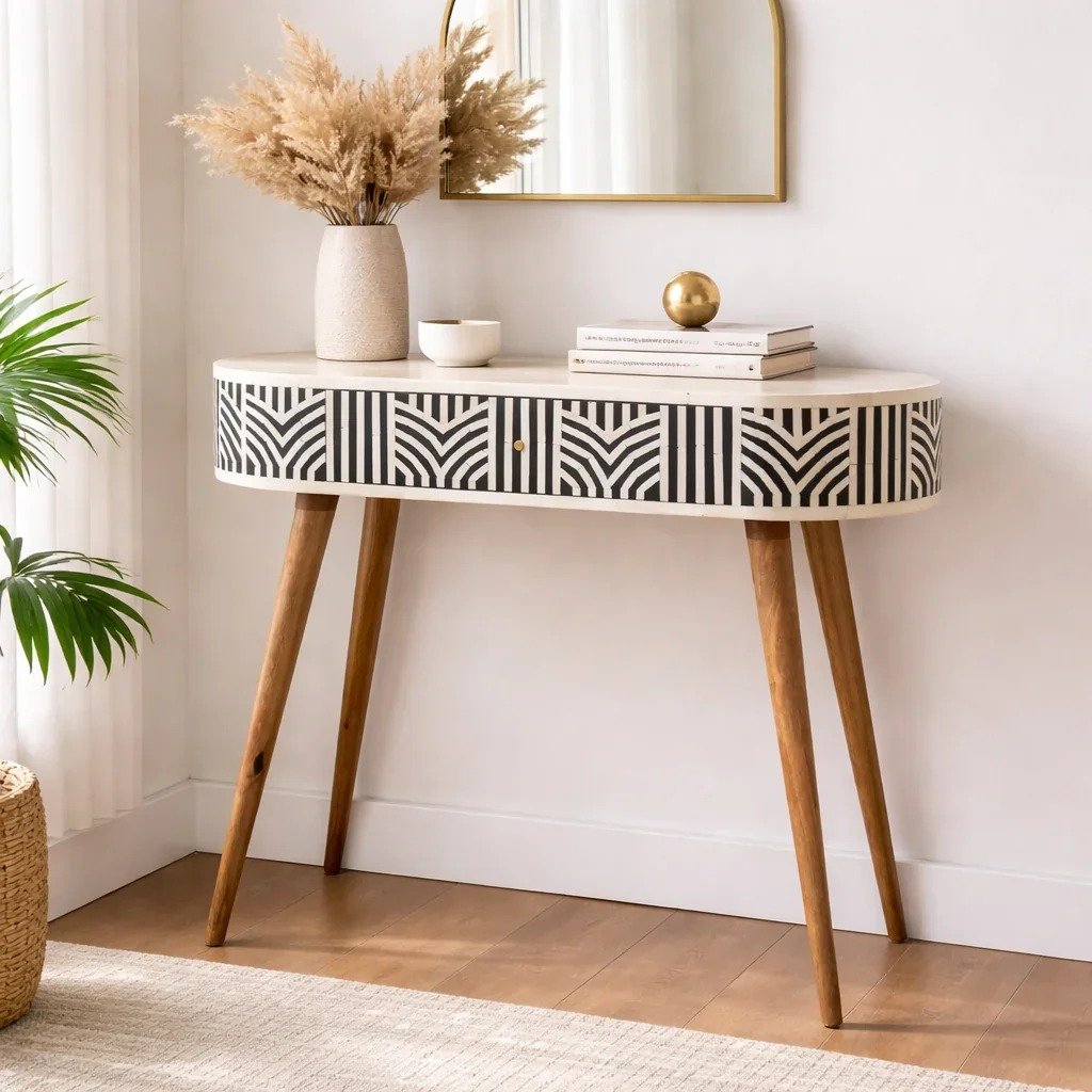 Geometrical pattern Bone inlay console table By Ashborn furniture