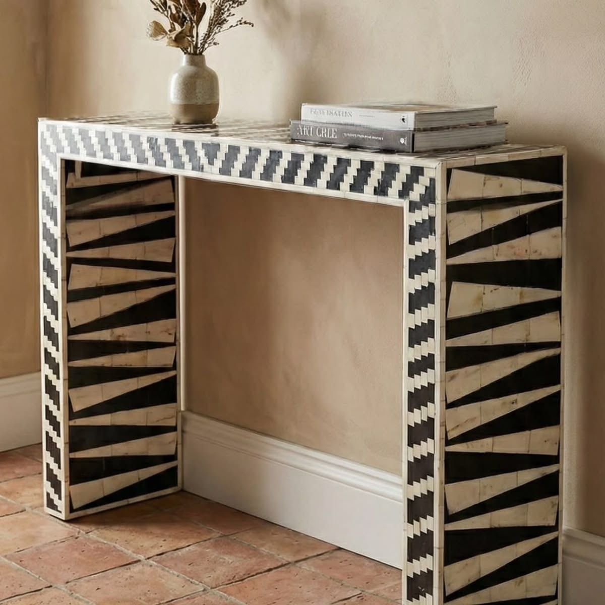 Zig zag pattern bone inlay console By Ashborn furniture