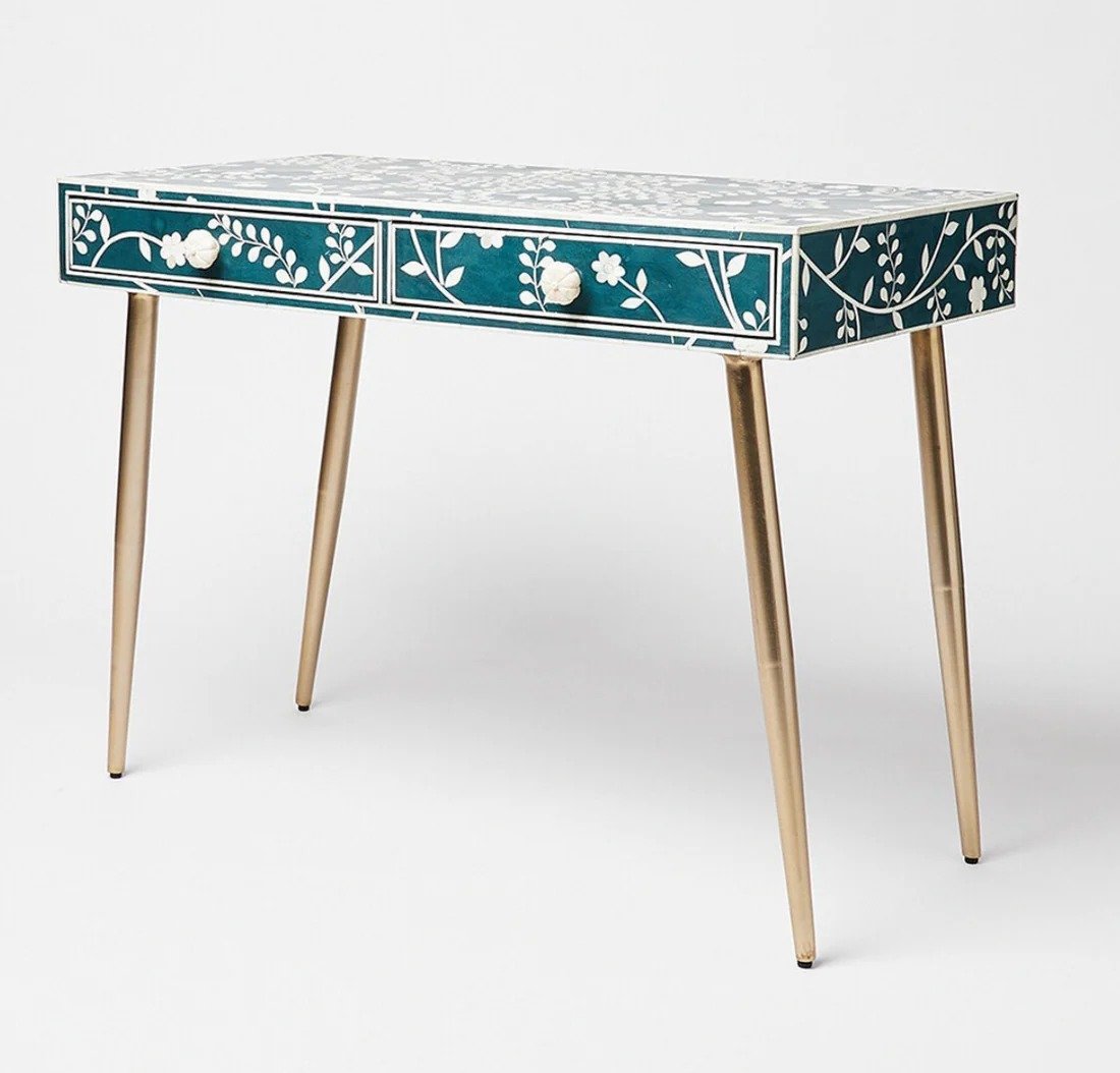 Blue floral bone inlay console table By Ashborn furniture