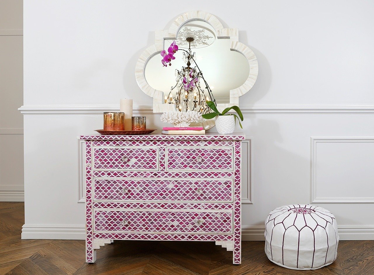 pink blush Bone inlay chest of drawer by Ashborn furniture