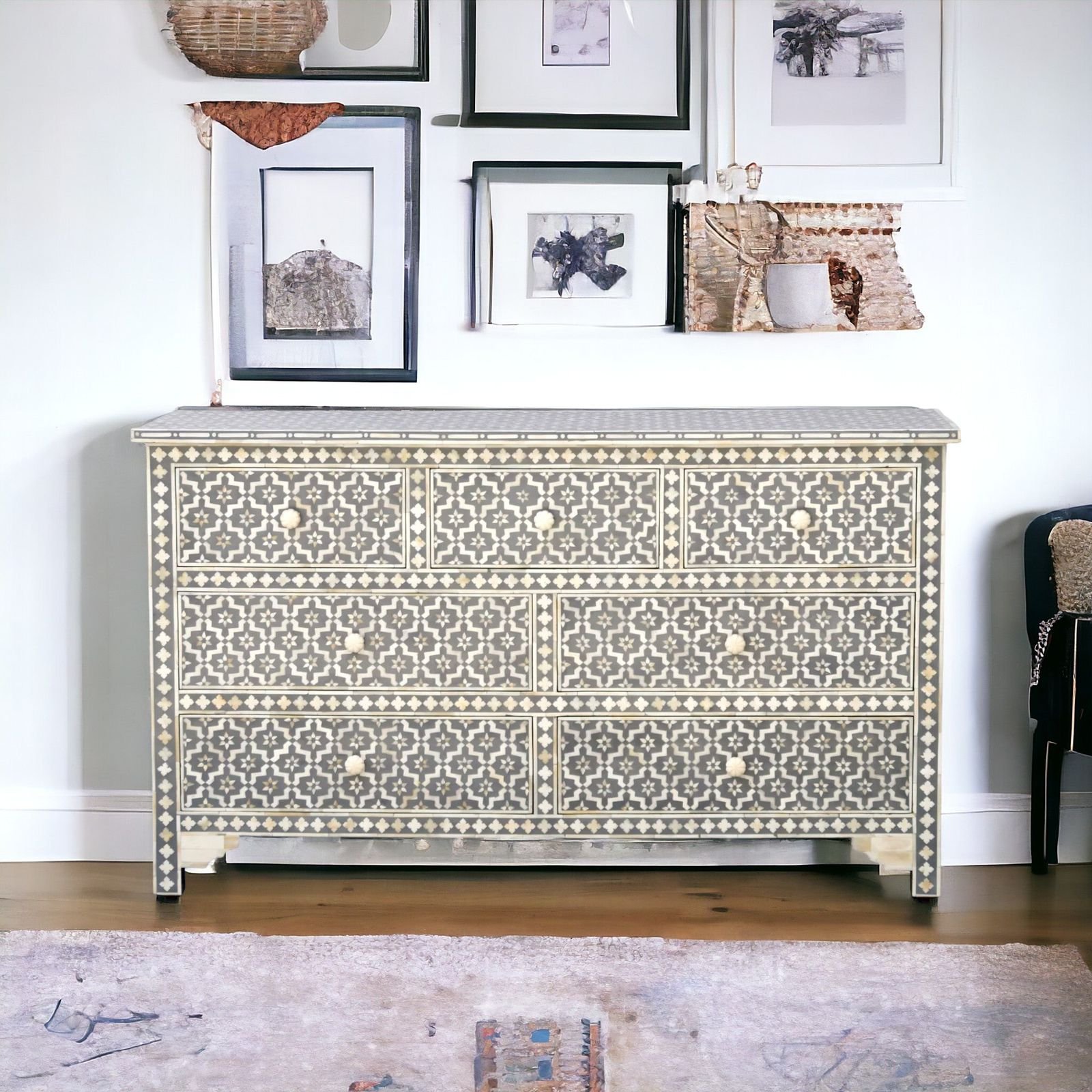 Trellis bone inlay chest of drawer By Ashborn furniture