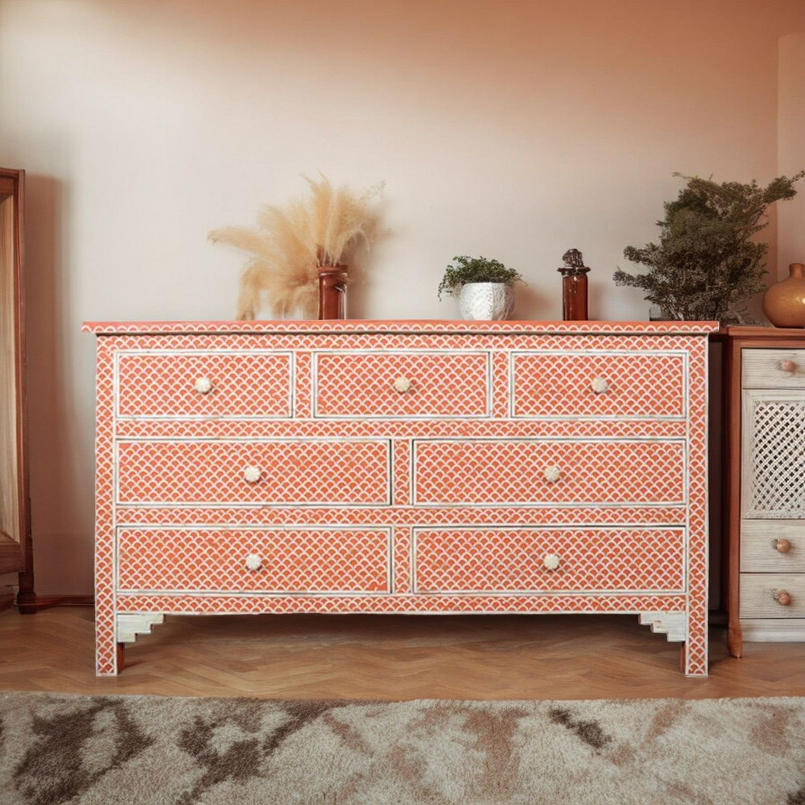 Fish scale pattern bone inlay chest of drawer by Ashborn furniture