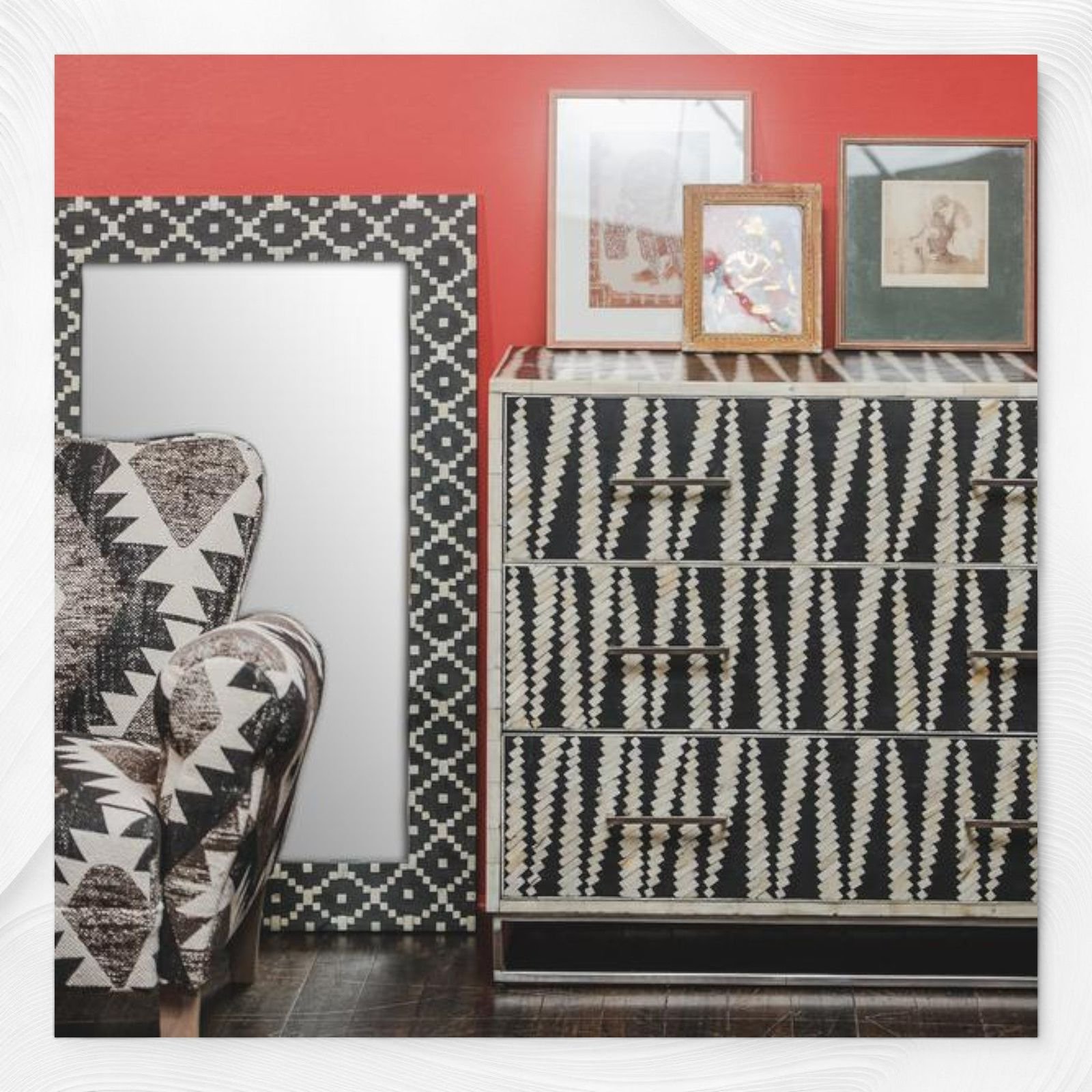 Zig zag bone inlay chest of drawer by Ashborn furniture