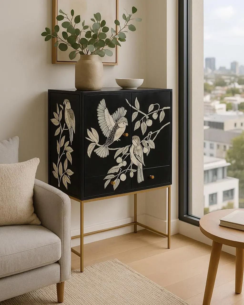 sparrow bloom bone inlay bar cabinet by Ashborn furniture