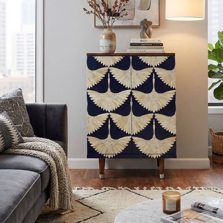 Rising phonix bar cabinet bone inlay By Ashborn furniture