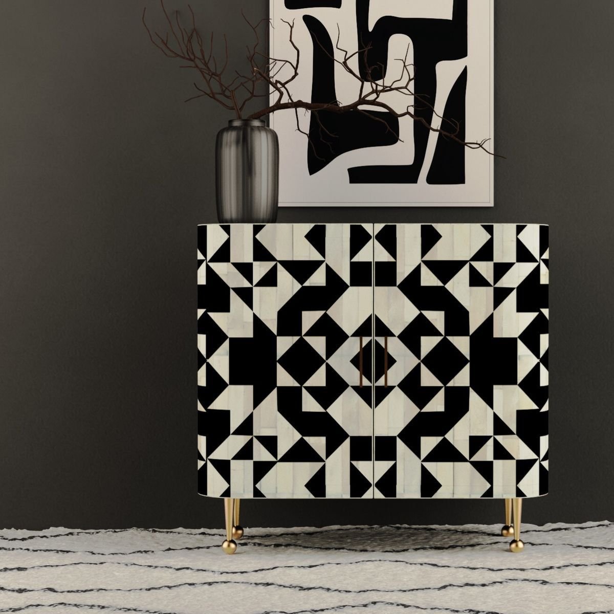 Geometric bone inlay bar cabinet by Ashborn furniture