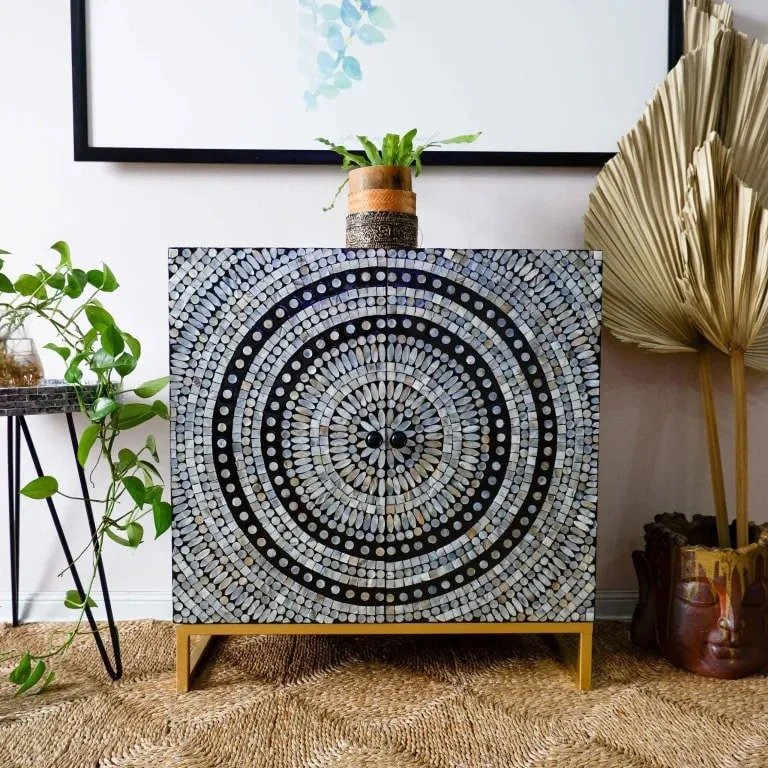 glitter mother of pearl bar cabinet by Ashborn furniture