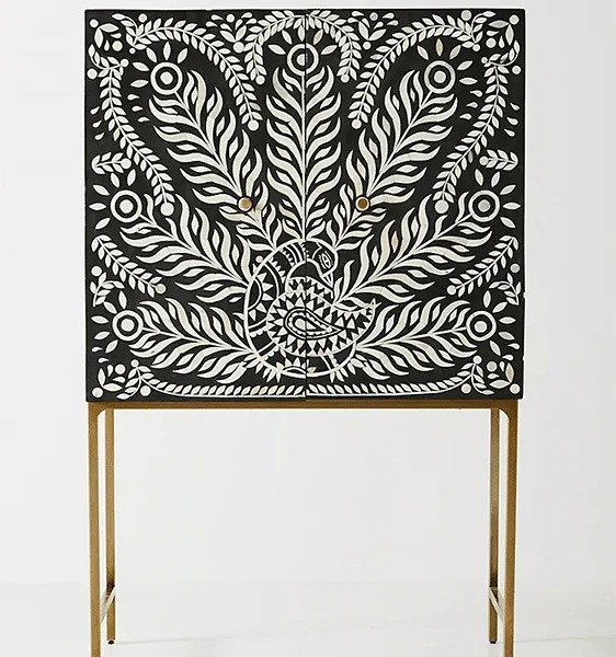 peacock feather pattern bone inlay bar cabinet by Ashborn furniture