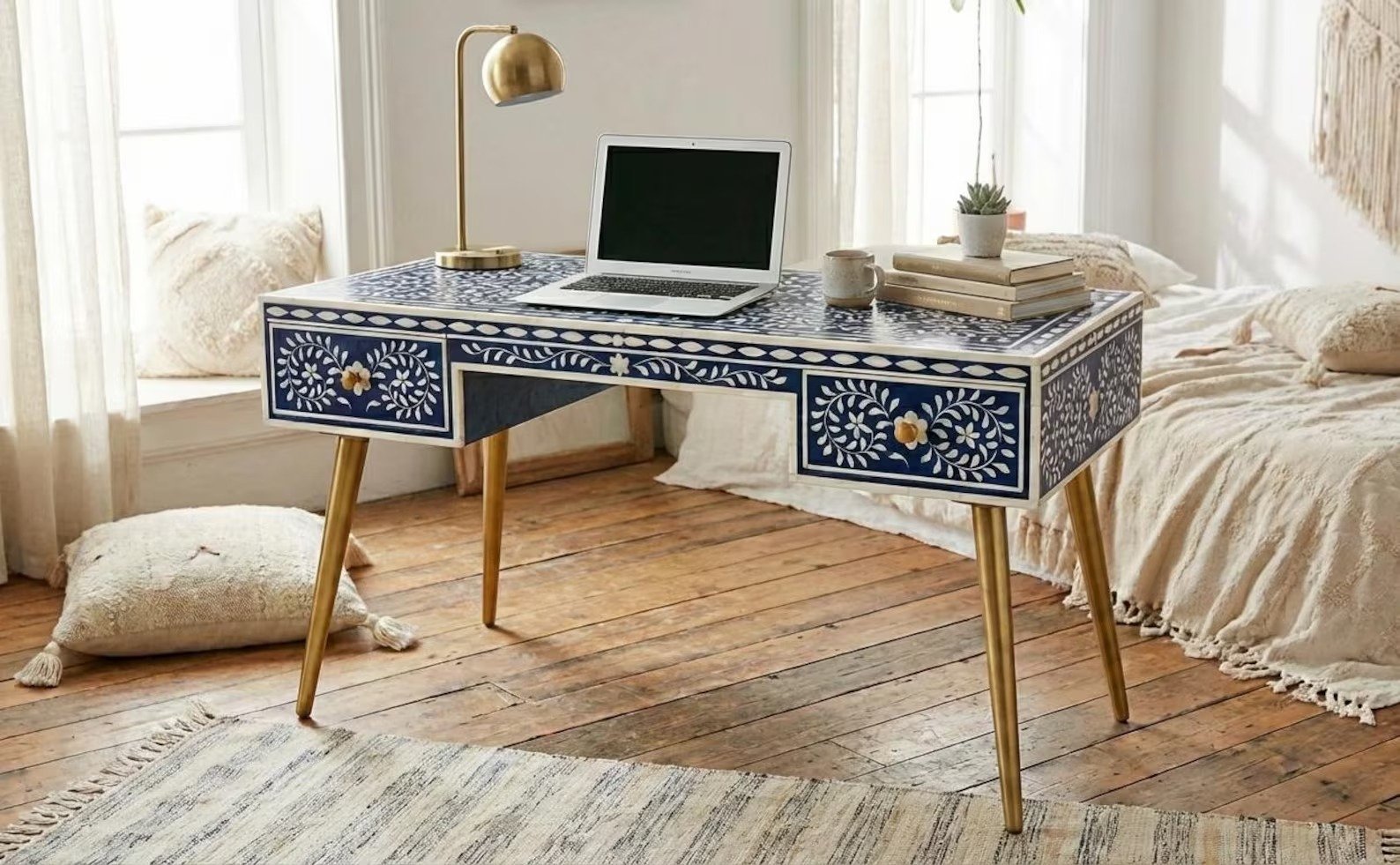 Grand scholar bone inlay study desk by Ashborn furniture
