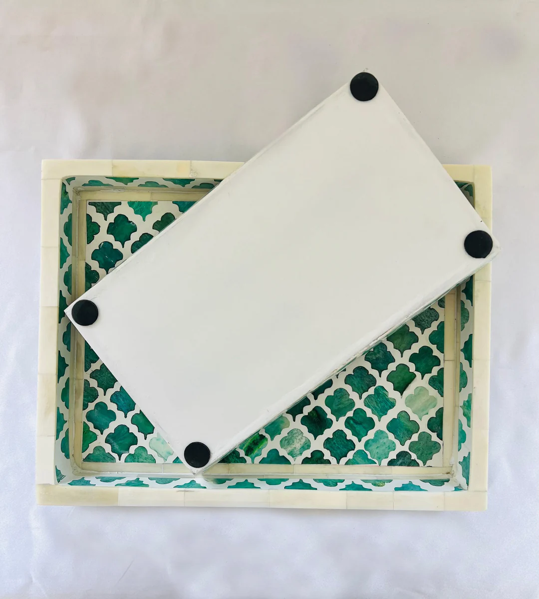 Jodha Furniture Pigeon and Poodle Prescott Turquoise Tray set of Two In Bone Inlay - Image 3