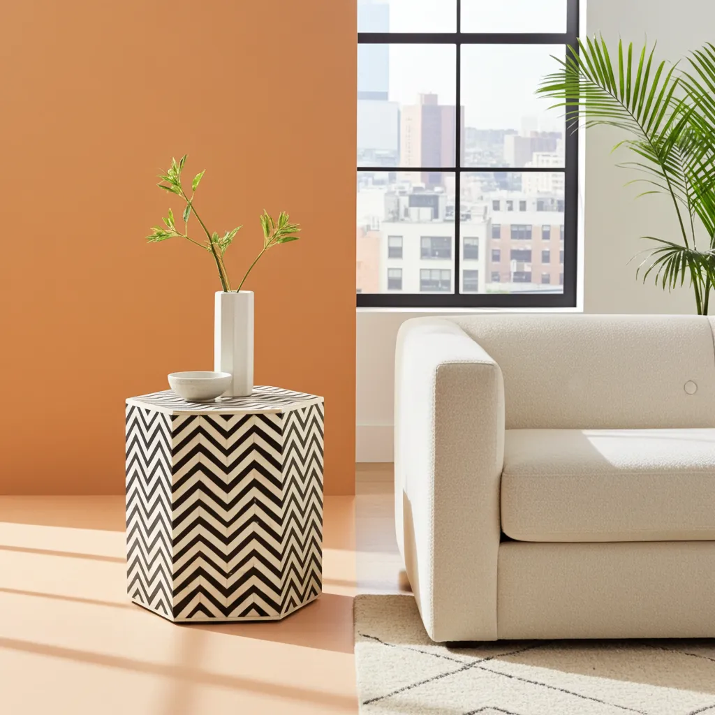 Jodha furniture ziz zag pattern bone inlay side table - Image 2
