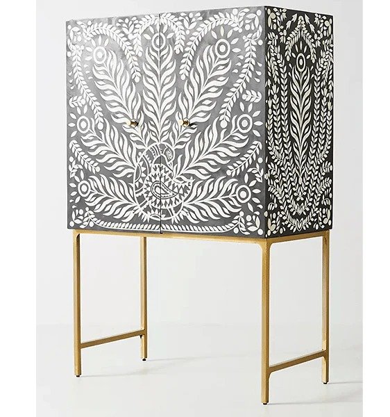 peacock feather pattern bone inlay bar cabinet by Ashborn furniture - Image 2