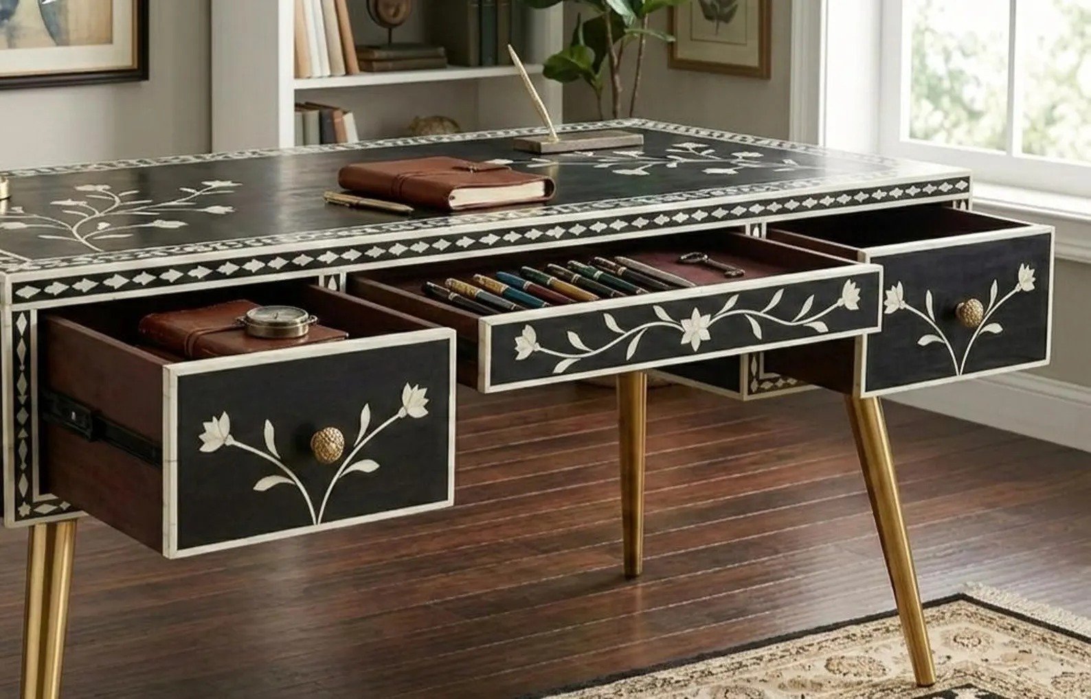 Prestige study table bone inlay by Ashborn furniture - Image 3